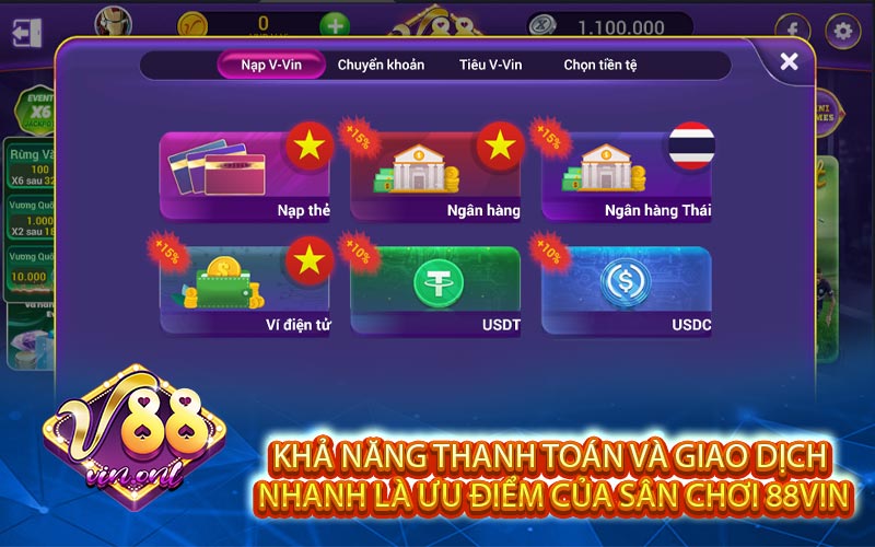 Khả năng thanh toán và giao dịch nhanh là ưu điểm của sân chơi 88vin