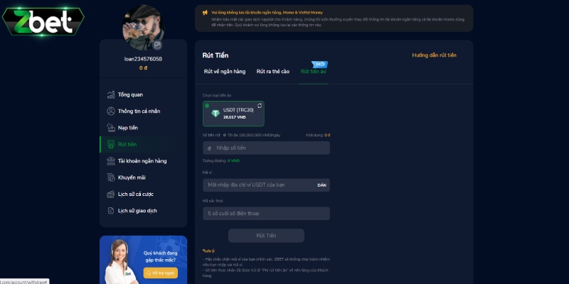 Rút tiền Zbet qua đồng USDT-TRC20